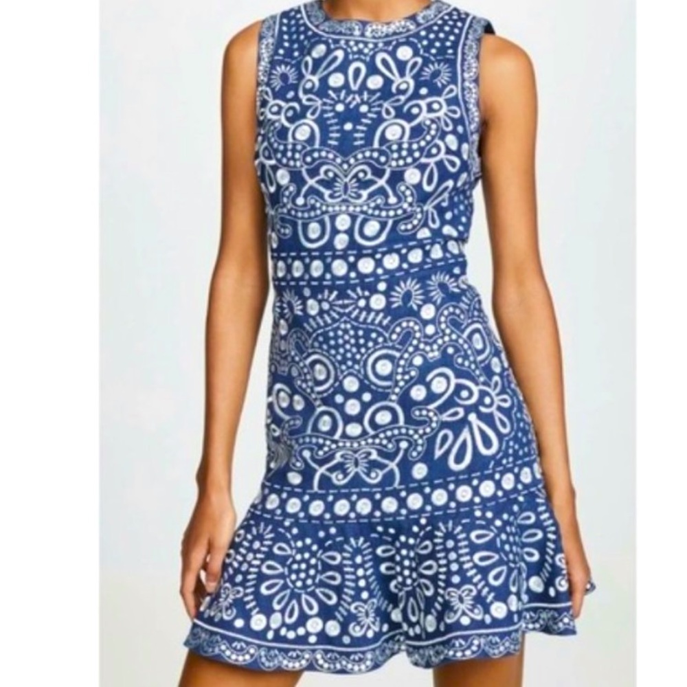Alice & Olivia denim embroidered rapunzel dress / flounce hem